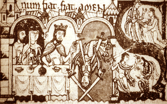 Danza di Salomè. Bible moralisée, miniatura, XIII secolo, British Library, London. 