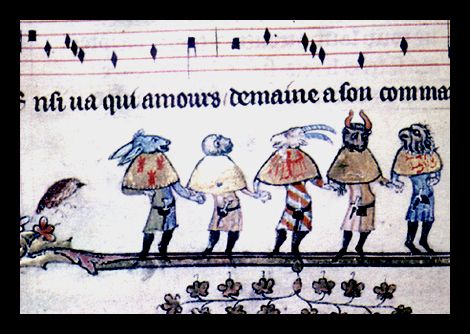 Maschere con attributi animali, Roman de Alexandre, miniatura, XIV secolo, ms.Bodley 264, f.181, Bodleian Library, Oxford, Inghilterra.